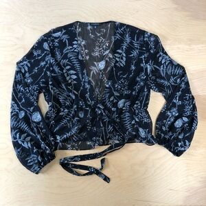 Dynamite Medium Black and White Sheer Floral Blouse Wrap Style
